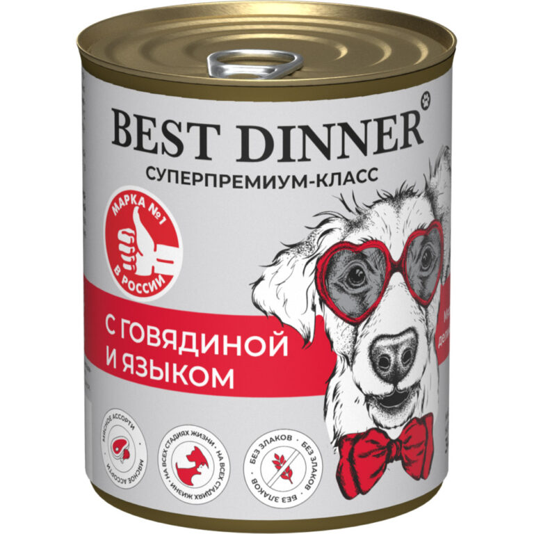 Корм для щенков и собак Best Dinner Super Premium Мясные деликатесы с 6 мес.,говяд.с язык.банка 340г