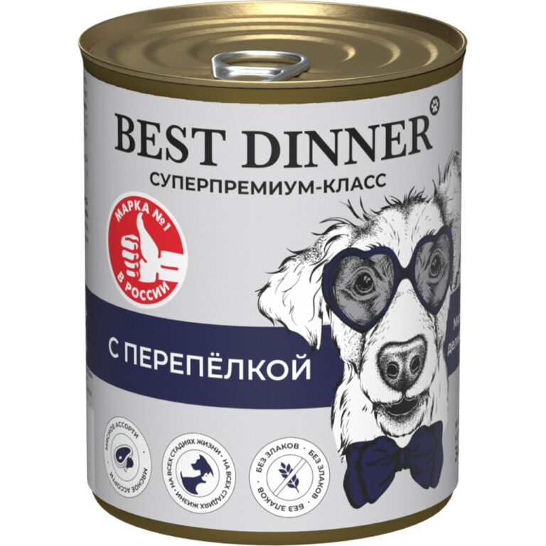 Корм для щенков и собак Best Dinner Super Premium Мясные деликатесы с 6месяцев, перепелка банка 340г