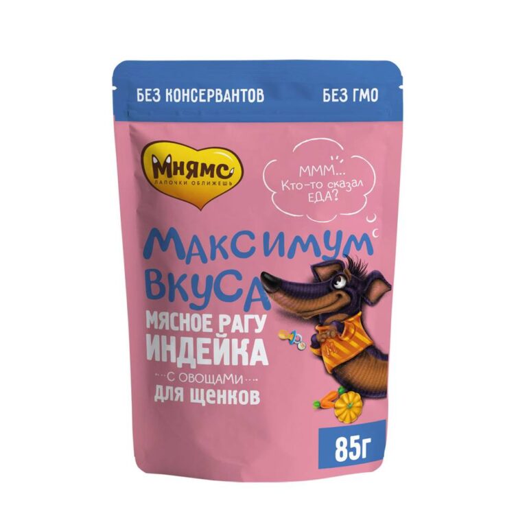 Корм для щенков МНЯМС Максимум вкуса мясное рагу с индейкой и овощами пауч 85г