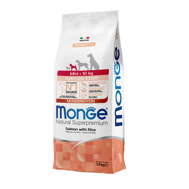 Корм для щенков Monge Dog Speciality Line Monoprotein для мелких пород, из лосося с рисом сух. 7,5кг