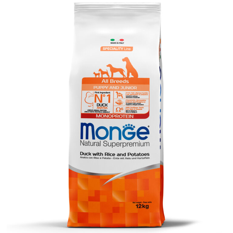 Корм для щенков Monge Dog Speciality Line Monoprotein из утки с рисом и картофелем сух. 12кг — цена и наличие Корм для щенков Monge Dog Speciality Line Monoprotein из утки с рисом и картофелем сух. 12кг