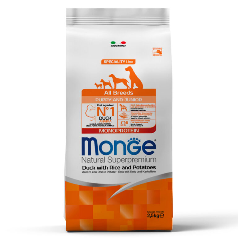 Корм для щенков Monge Dog Speciality Line Monoprotein утка с рисом и картофелем сух. 2,5кг