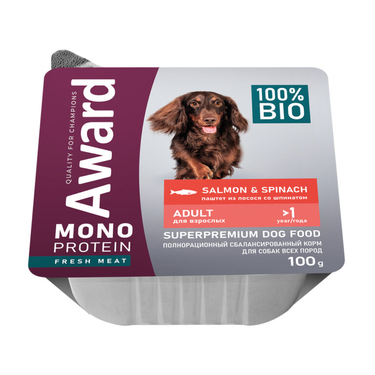 Корм для собак AWARD Monoprotein паштет из лосося со шпинатом ламист. 100г