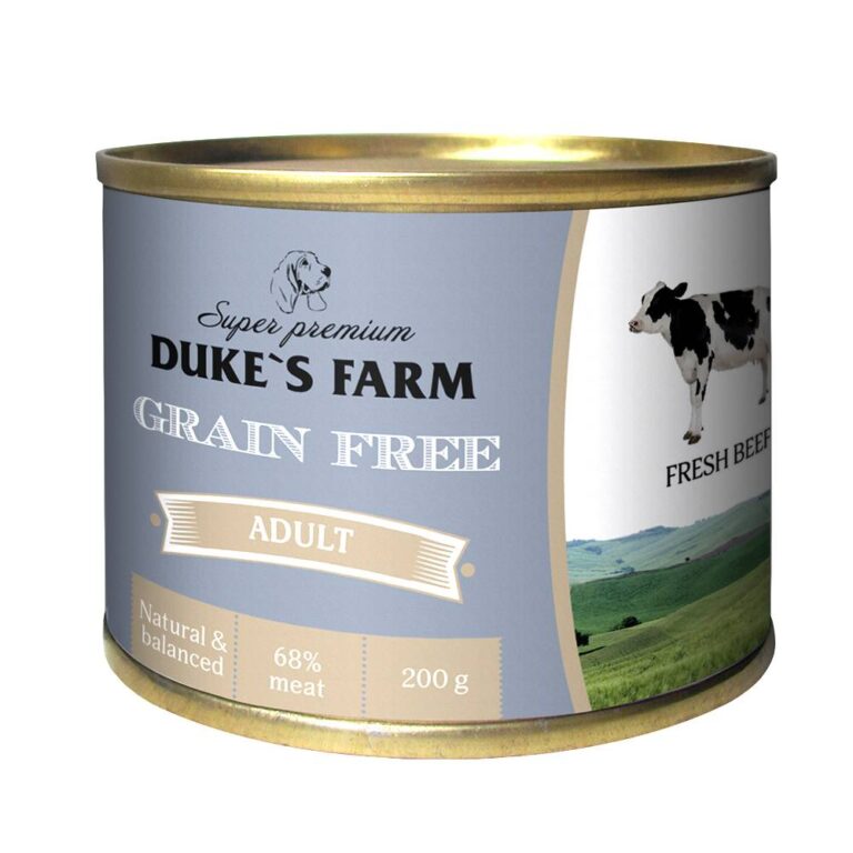 Корм для собак DUKE'S FARM Grain Fee беззерновой говядина, клюква, шпинат банка 200г Корм для собак DUKE’S FARM Grain Fee беззерновой говядина, клюква, шпинат банка 200г
