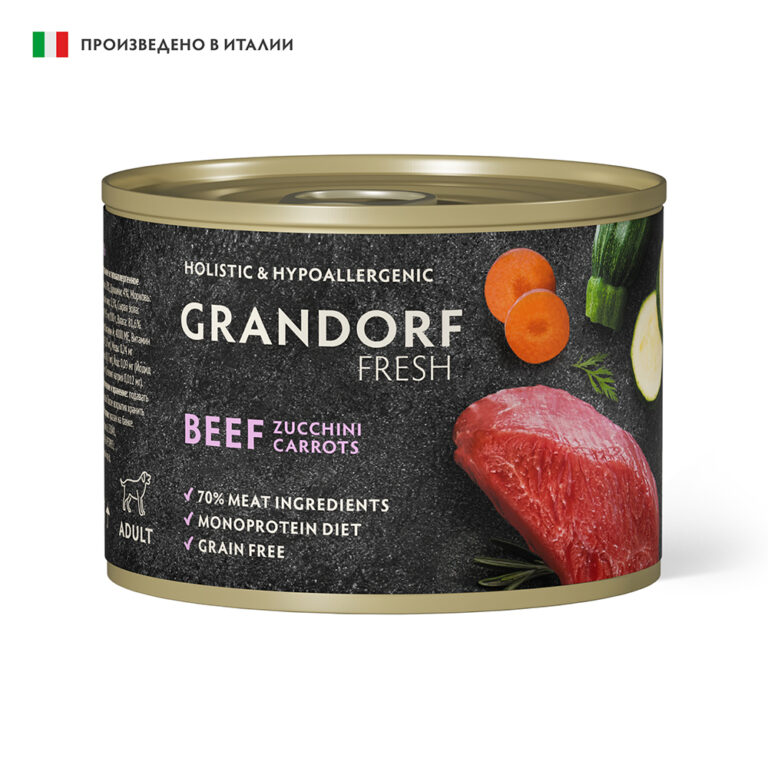 Корм для собак GRANDORF FRESH Паштет из говядины с цукини и морковью банка 200г — цена и наличие Корм для собак GRANDORF FRESH Паштет из говядины с цукини и морковью банка 200г