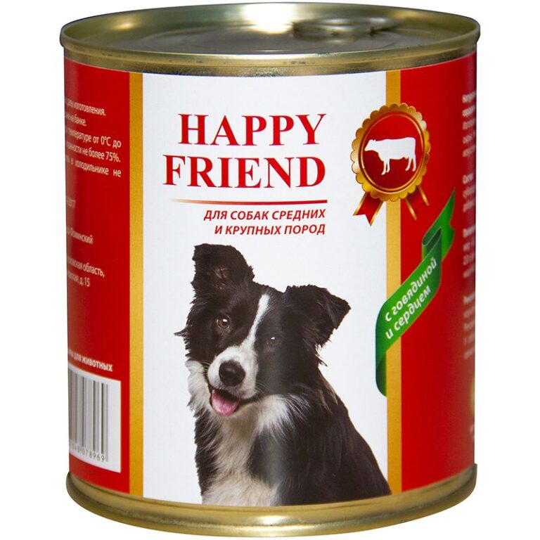 Корм для собак HAPPY FRIEND для средних и крупных пород с говядиной и сердцем банка 750г Корм для собак HAPPY FRIEND для средних и крупных пород с говядиной и сердцем банка 750г