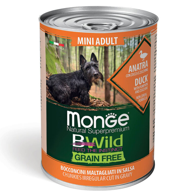 Корм для собак Monge Dog BWild Grain Free для мелких пород, утка с тыквой и кабачками банка 400г Корм для собак Monge Dog BWild Grain Free для мелких пород, утка с тыквой и кабачками банка 400г