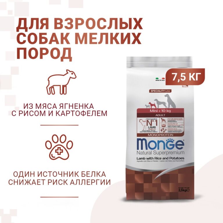 Корм для собак Monge Dog Speciality Mini для мелких пород ягненок с рисом и картофелем сух. 7,5кг — цена и наличие Корм для собак Monge Dog Speciality Mini для мелких пород ягненок с рисом и картофелем сух. 7,5кг