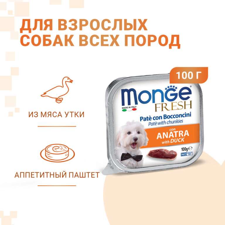 Корм для собак Monge Fresh утка конс. 100г — цена и наличие Корм для собак Monge Fresh утка конс. 100г