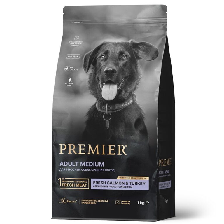Корм для собак PREMIER Dog для средних пород, свежее филе лосося с индейкой сух.1кг — цена и наличие Корм для собак PREMIER Dog для средних пород, свежее филе лосося с индейкой сух.1кг