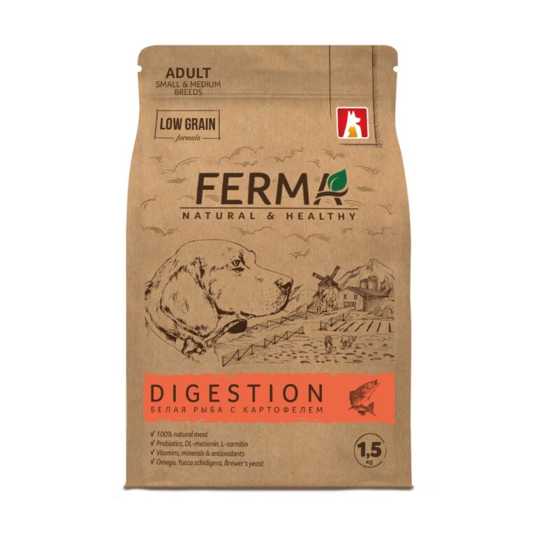 Корм для собак Зоогурман Ferma Digestion для мелк.и средних пород, белая рыба с картофелем сух.1,5кг