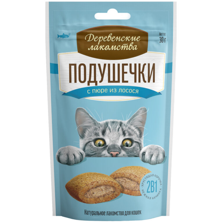 Лакомство для кошек ДЕРЕВЕНСКИЕ ЛАКОМСТВА Подушечки с пюре из лосося 30г