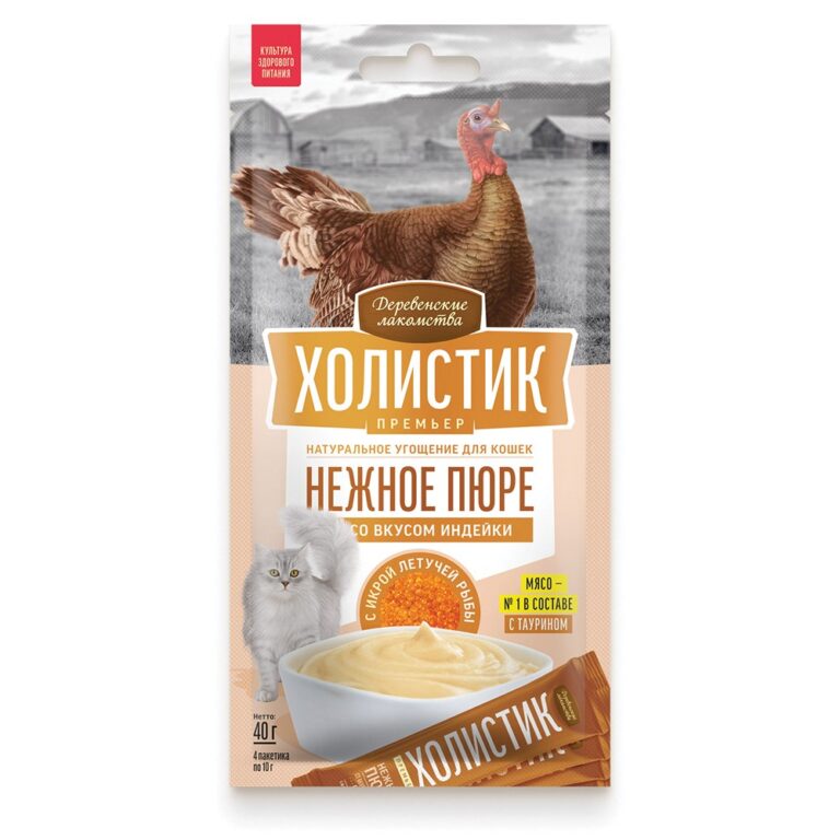 Лакомство для кошек ДЕРЕВЕНСКИЕ ЛАКОМСТВА Премьер нежное пюре со вкус.индей.с икрой летуч.рыбы 4х10г