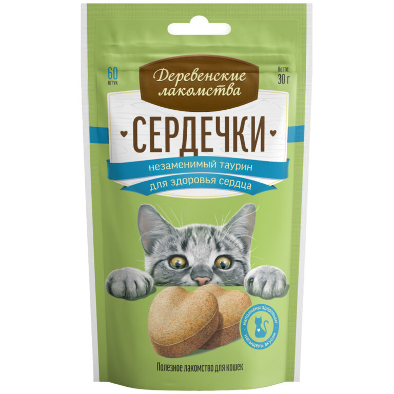 Лакомство для кошек ДЕРЕВЕНСКИЕ ЛАКОМСТВА Сердечки незаменимый таурин для здоровья сердца 30г