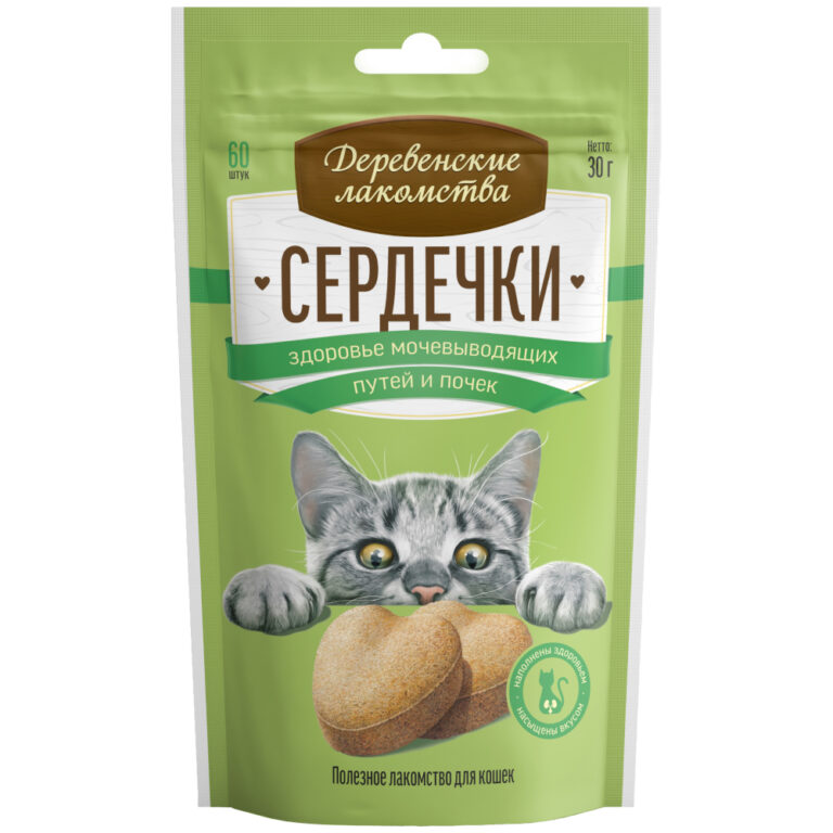 Лакомство для кошек ДЕРЕВЕНСКИЕ ЛАКОМСТВА Сердечки здоровье мочевыводящих путей и почек 30г