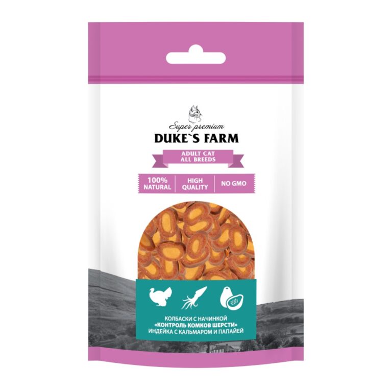 Лакомство для кошек DUKE'S FARM Колбаски Контроль комков шерсти, индейка с кальмаром и папайей 40г Лакомство для кошек DUKE’S FARM Колбаски Контроль комков шерсти, индейка с кальмаром и папайей 40г