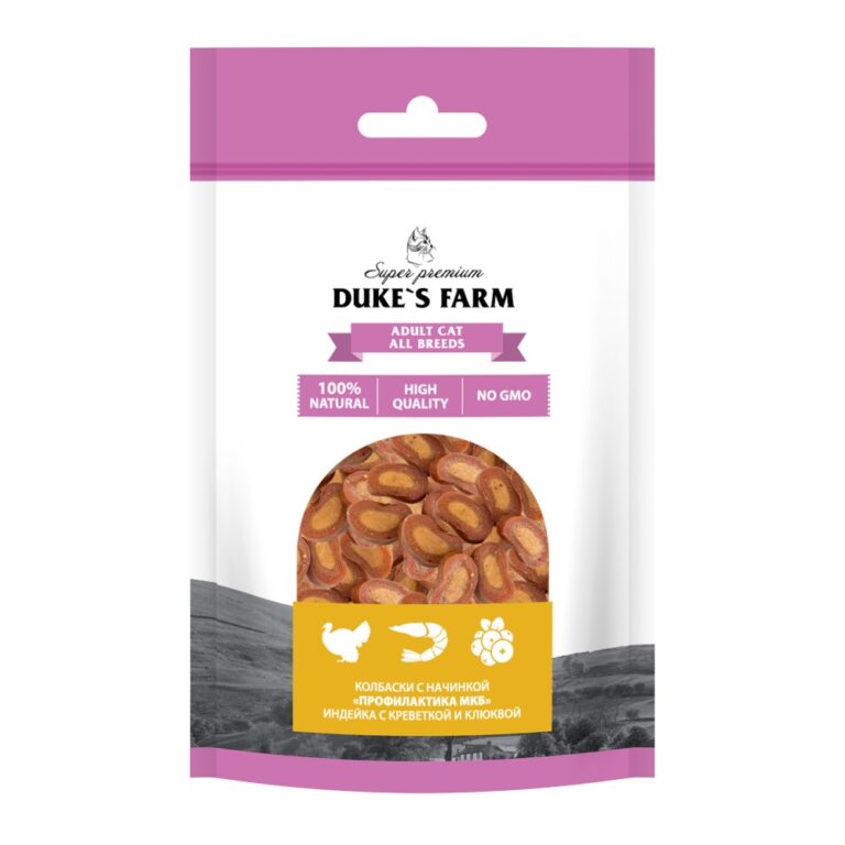 Лакомство для кошек DUKE'S FARM Колбаски Профилактика МКБ, индейка с креветкой и клюквой 40г Лакомство для кошек DUKE’S FARM Колбаски Профилактика МКБ, индейка с креветкой и клюквой 40г