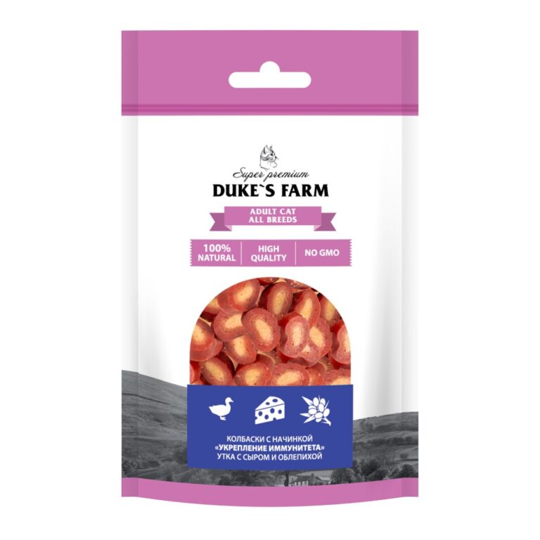 Лакомство для кошек DUKE'S FARM Колбаски Укрепление иммунитета, утка с сыром и облепихой 40г Лакомство для кошек DUKE’S FARM Колбаски Укрепление иммунитета, утка с сыром и облепихой 40г