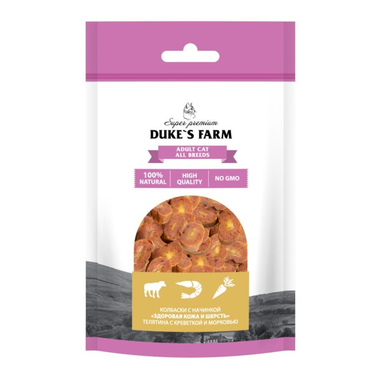 DUKE'S FARM Лакомство для кошек DUKE’S FARM Колбаски Здоровая кожа и шерсть, телятина с креветкой и морковью 40г