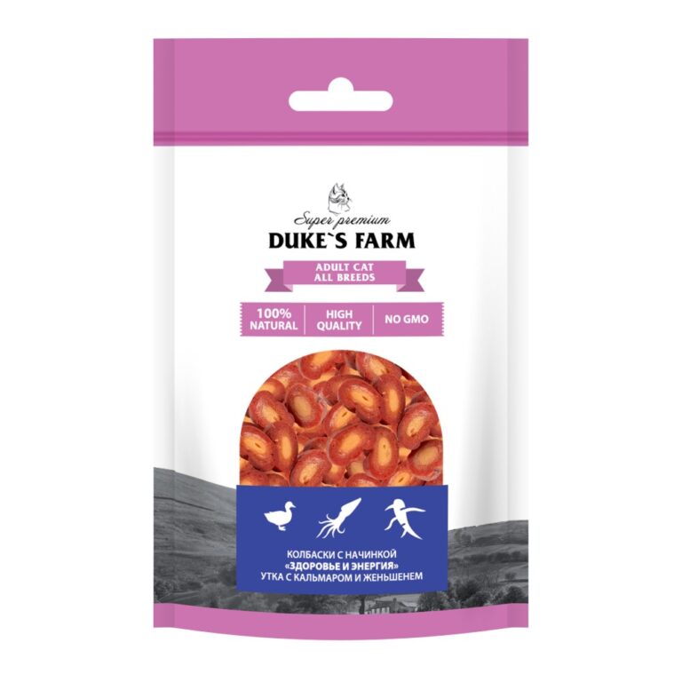 DUKE'S FARM Лакомство для кошек DUKE’S FARM Колбаски Здоровье и энергия, утка с кальмаром и женьшенем 40г — цена и наличие DUKE'S FARM Лакомство для кошек DUKE’S FARM Колбаски Здоровье и энергия, утка с кальмаром и женьшенем 40г