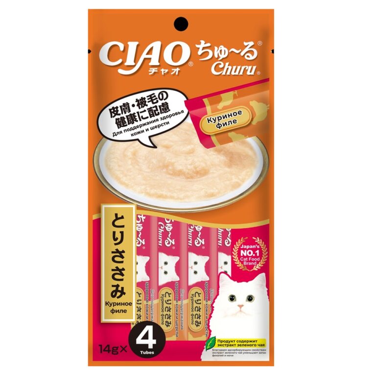 Лакомство для кошек INABA Ciao Churu для здоровья кожи и шерсти, куриное филе пюре 14гх4шт — цена и наличие Лакомство для кошек INABA Ciao Churu для здоровья кожи и шерсти, куриное филе пюре 14гх4шт