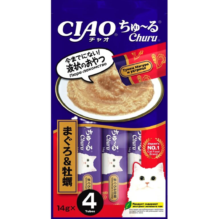 Лакомство для кошек INABA Ciao Churu Тунец Магуро с устрицами пюре 14гх4шт — цена и наличие Лакомство для кошек INABA Ciao Churu Тунец Магуро с устрицами пюре 14гх4шт
