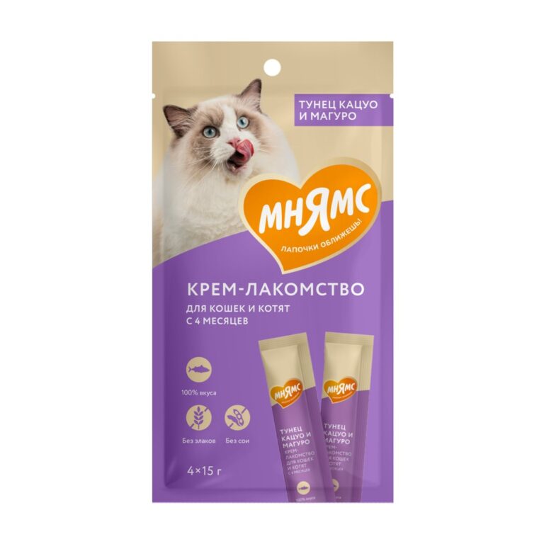 Лакомство для кошек МНЯМС Крем-лакомство с тунцом Кацуо и Магуро 15гх4шт — цена и наличие Лакомство для кошек МНЯМС Крем-лакомство с тунцом Кацуо и Магуро 15гх4шт