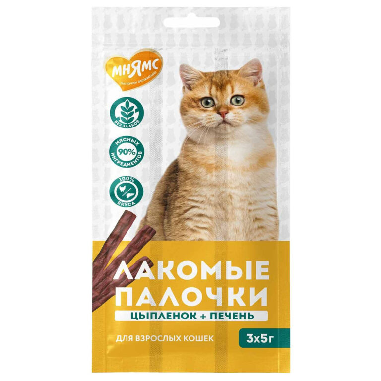 Лакомство для кошек МНЯМС лакомые палочки из цыпленка и печени 3х5г