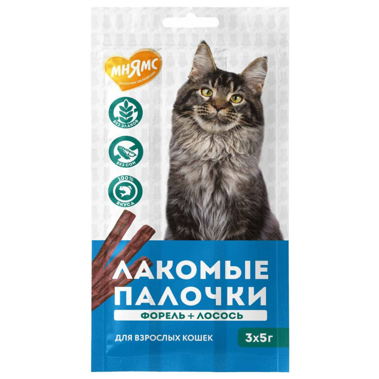 Лакомство для кошек МНЯМС лакомые палочки с форелью и лососем 3х5г — цена и наличие Лакомство для кошек МНЯМС лакомые палочки с форелью и лососем 3х5г