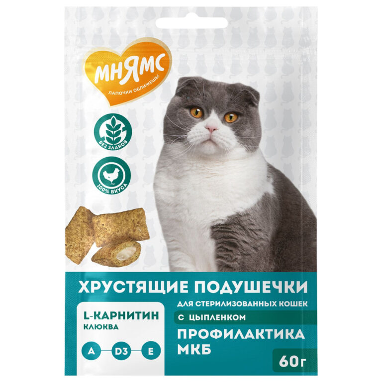 Лакомство для кошек МНЯМС Профилактика МКБ Хрустящие подушечки для стер.,с цыпленком и клюквой 60г — цена и наличие Лакомство для кошек МНЯМС Профилактика МКБ Хрустящие подушечки для стер.,с цыпленком и клюквой 60г