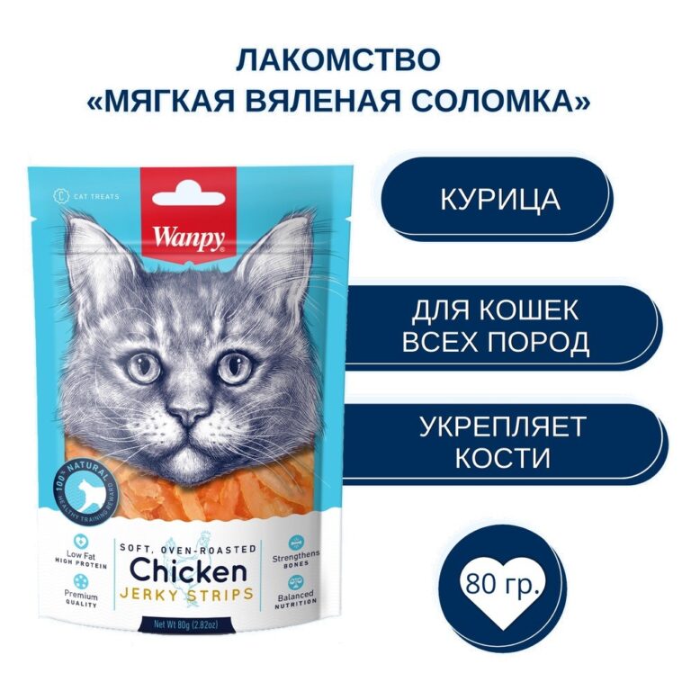 Лакомство для кошек WANPY Cat мягкая вяленая соломка из курицы 80г Лакомство для кошек WANPY Cat мягкая вяленая соломка из курицы 80г