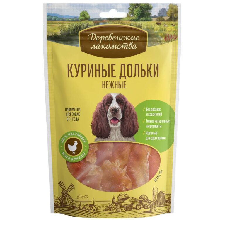 Лакомство для собак ДЕРЕВЕНСКИЕ ЛАКОМСТВА Куриные дольки, 90г — цена и наличие Лакомство для собак ДЕРЕВЕНСКИЕ ЛАКОМСТВА Куриные дольки, 90г