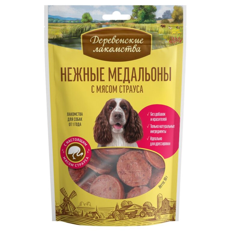 Лакомство для собак ДЕРЕВЕНСКИЕ ЛАКОМСТВА Нежные медальоны с мясом страуса 90г — цена и наличие Лакомство для собак ДЕРЕВЕНСКИЕ ЛАКОМСТВА Нежные медальоны с мясом страуса 90г