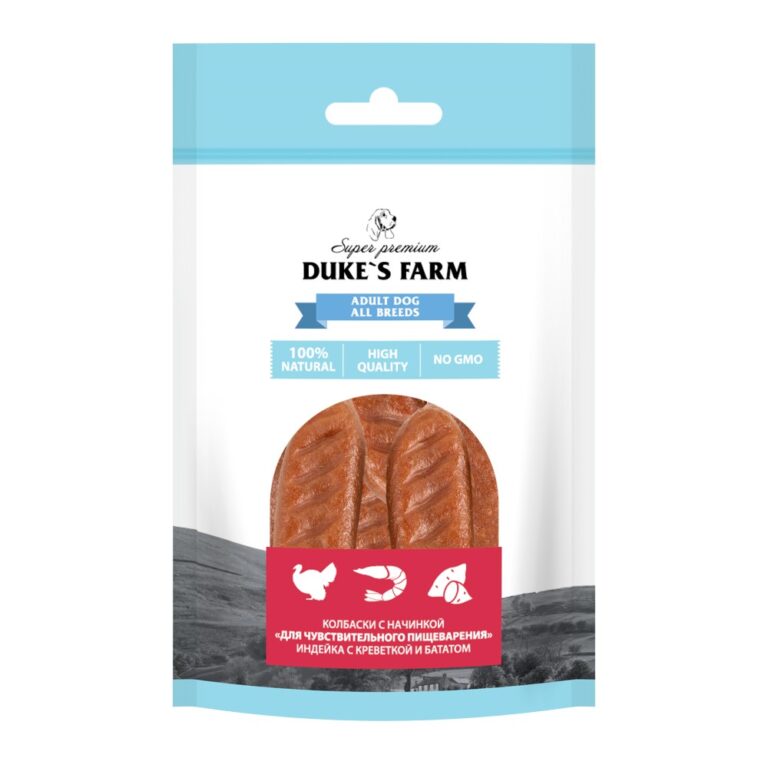 Лакомство для собак DUKE'S FARM Колбаски Чувствительное пищеварение, индейка с кревет. и бататом 40г Лакомство для собак DUKE’S FARM Колбаски Чувствительное пищеварение, индейка с кревет. и бататом 40г