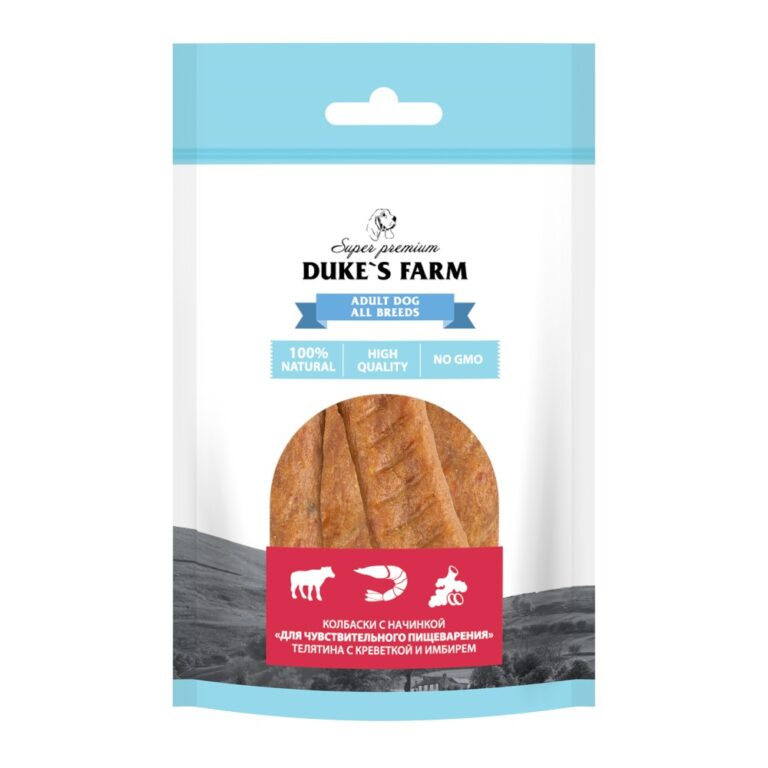 Лакомство для собак DUKE'S FARM Колбаски Чувствительное пищеварение,телятина с кревет. и имбирем 40г Лакомство для собак DUKE’S FARM Колбаски Чувствительное пищеварение,телятина с кревет. и имбирем 40г