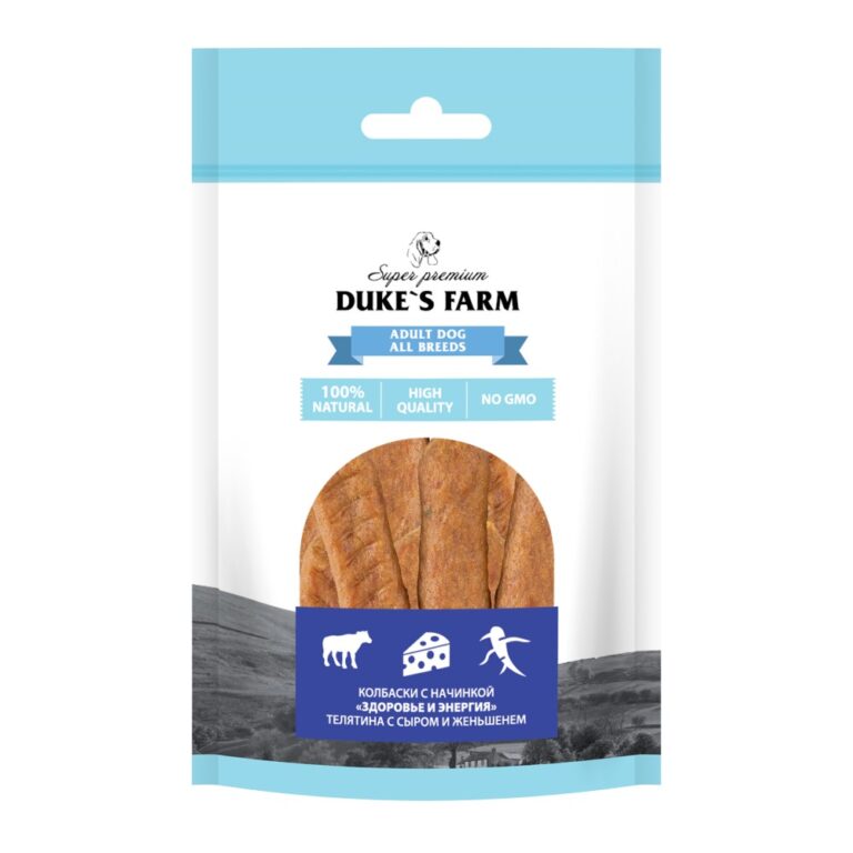 Лакомство для собак DUKE’S FARM Колбаски Здоровье и энергия, телятина с сыром и женьшенем 40г