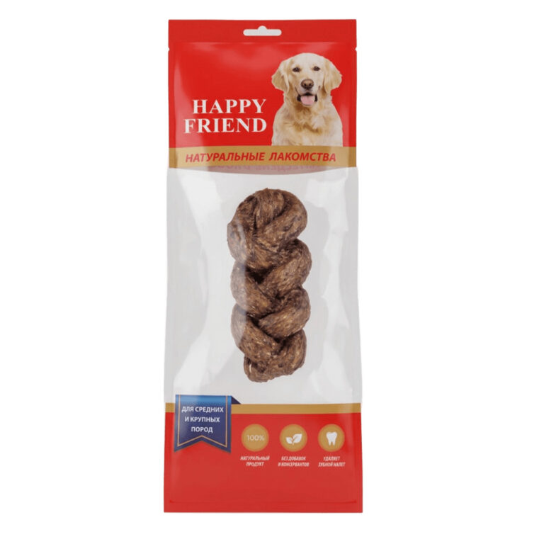 Лакомство для собак HAPPY FRIEND Косичка говяжья двойная для средних и крупных пород 80г — цена и наличие Лакомство для собак HAPPY FRIEND Косичка говяжья двойная для средних и крупных пород 80г