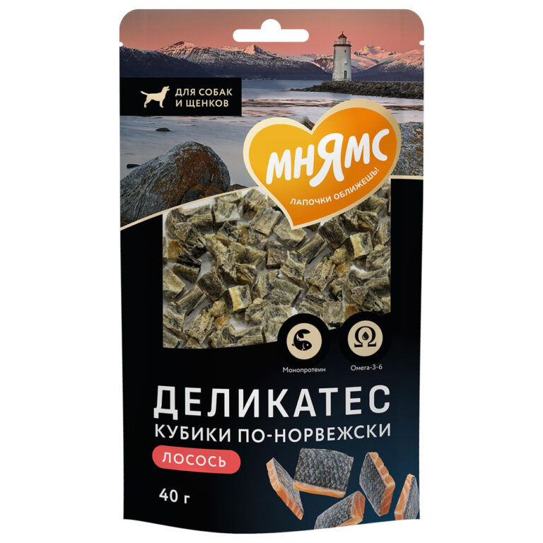 Лакомство для собак МНЯМС Деликатес Кубики по-норвежски 40г — цена и наличие Лакомство для собак МНЯМС Деликатес Кубики по-норвежски 40г