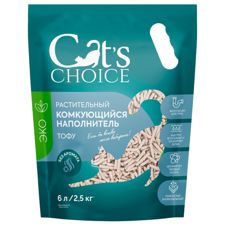 CAT'S CHOICE Наполнитель для кошачьего туалета CAT’S CHOICE Растительный комкующийся тофу, без аромата 6л (2,5кг)