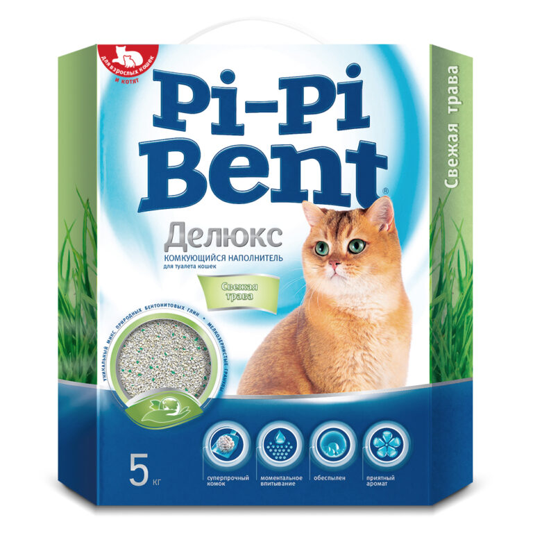 Наполнитель для кошачьего туалета PI-PI BENT DeLuxe Fresh grass комкующийся, коробка 5кг