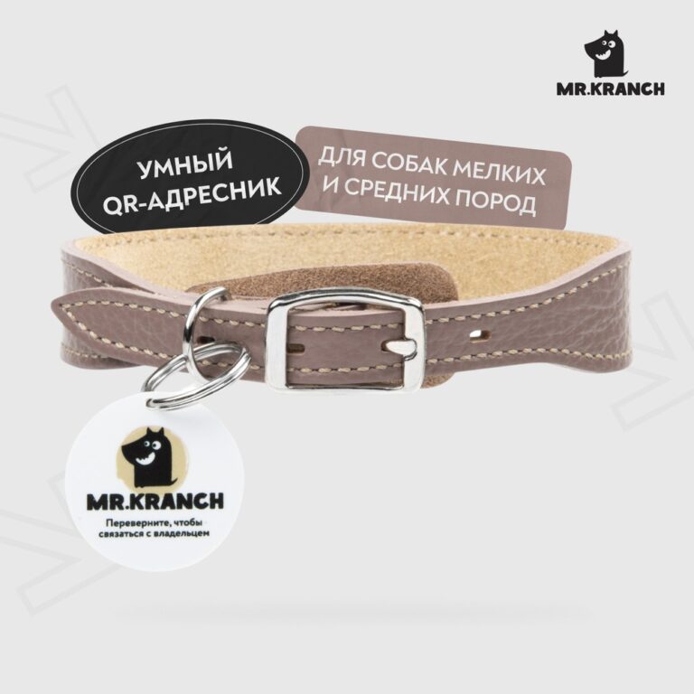 Ошейник для собак Mr.Kranch из натуральной кожи с QR-адресником, бежевый 22-26см — цена и наличие Ошейник для собак Mr.Kranch из натуральной кожи с QR-адресником, бежевый 22-26см