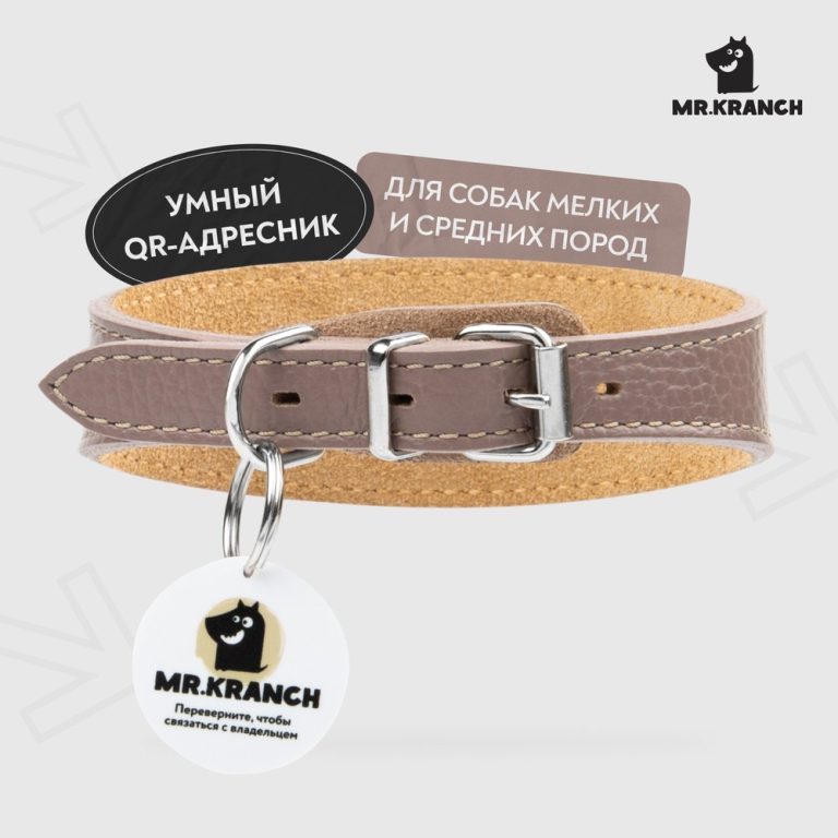 Ошейник-селедка для собак Mr.Kranch из натуральной кожи с QR-адресником, бежевый 29-35см Ошейник-селедка для собак Mr.Kranch из натуральной кожи с QR-адресником, бежевый 29-35см