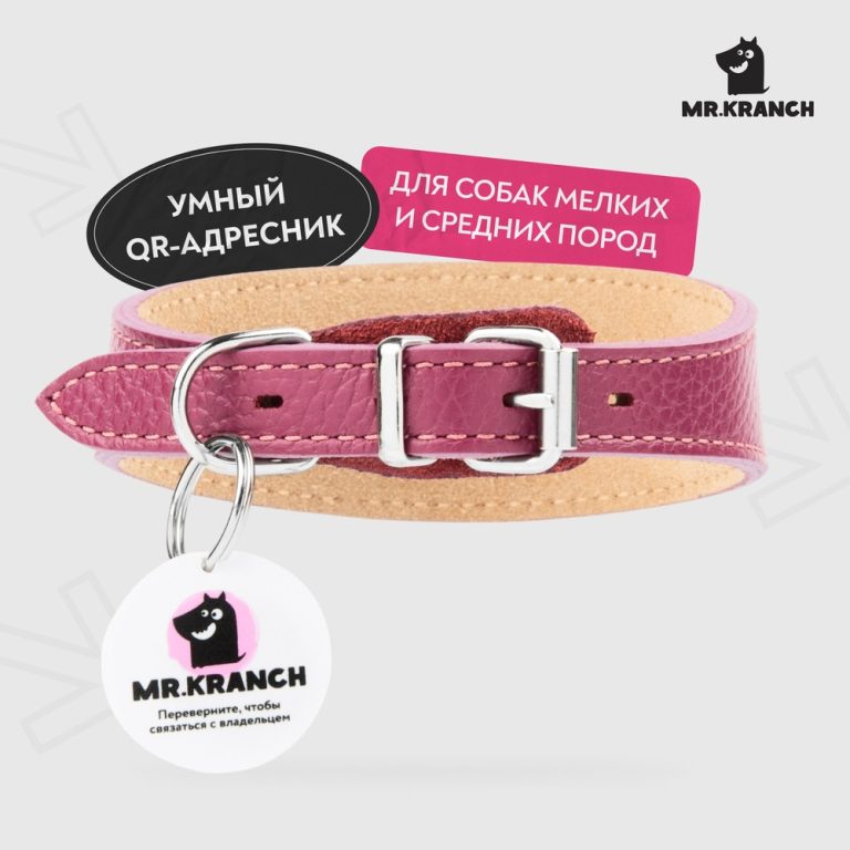 Ошейник-селедка для собак Mr.Kranch из натуральной кожи с QR-адресником, малиновый 19-23см Ошейник-селедка для собак Mr.Kranch из натуральной кожи с QR-адресником, малиновый 19-23см