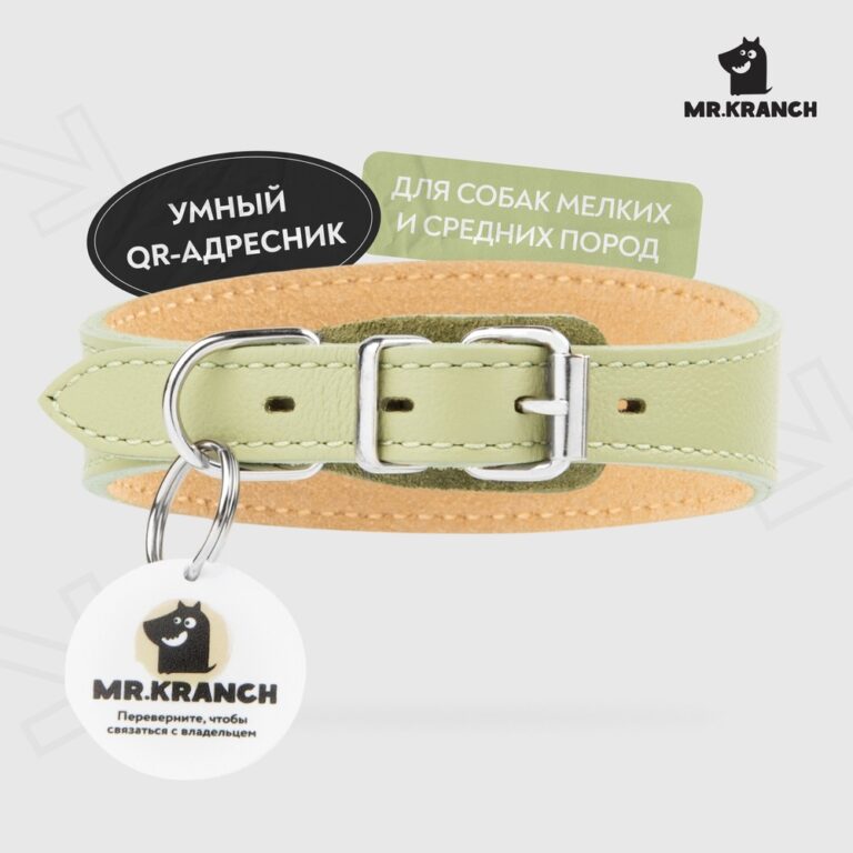 Ошейник-селедка для собак Mr.Kranch из натуральной кожи с QR-адресником, нежно-зеленый 21-25см — цена и наличие Ошейник-селедка для собак Mr.Kranch из натуральной кожи с QR-адресником, нежно-зеленый 21-25см