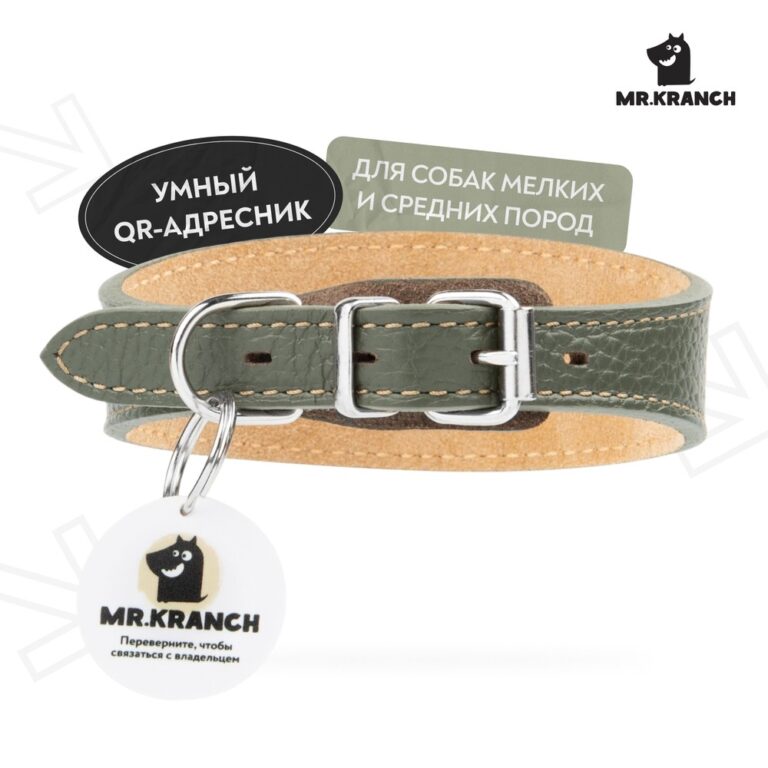 Ошейник-селедка для собак Mr.Kranch из натуральной кожи с QR-адресником, оливковый 19-23см