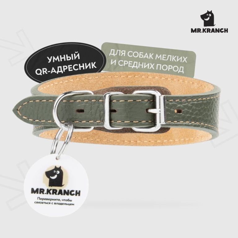 Ошейник-селедка для собак Mr.Kranch из натуральной кожи с QR-адресником, оливковый 29-35см Ошейник-селедка для собак Mr.Kranch из натуральной кожи с QR-адресником, оливковый 29-35см