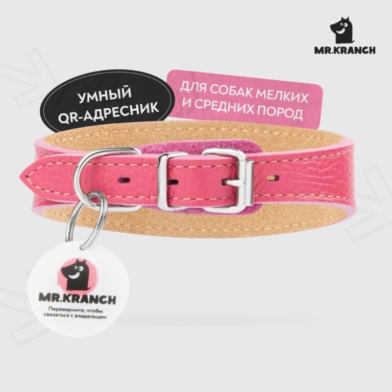 Ошейник-селедка для собак Mr.Kranch из натуральной кожи с QR-адресником, розовый 19-23см