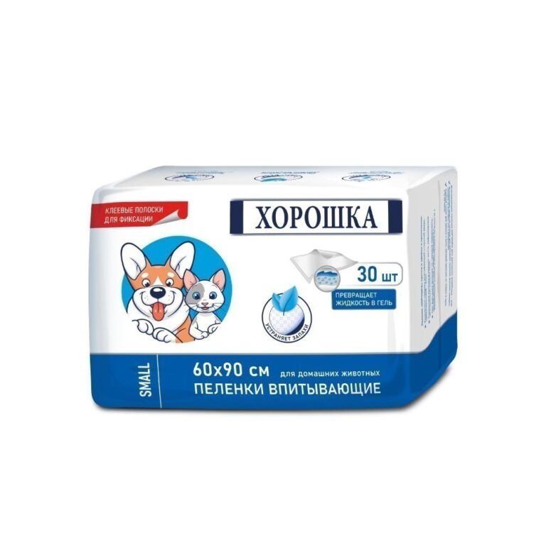 Пеленки для кошек и собак ХОРОШКА с суперабсорбентом и липким фиксирующим слоем 60х90см 30шт — цена и наличие Пеленки для кошек и собак ХОРОШКА с суперабсорбентом и липким фиксирующим слоем 60х90см 30шт
