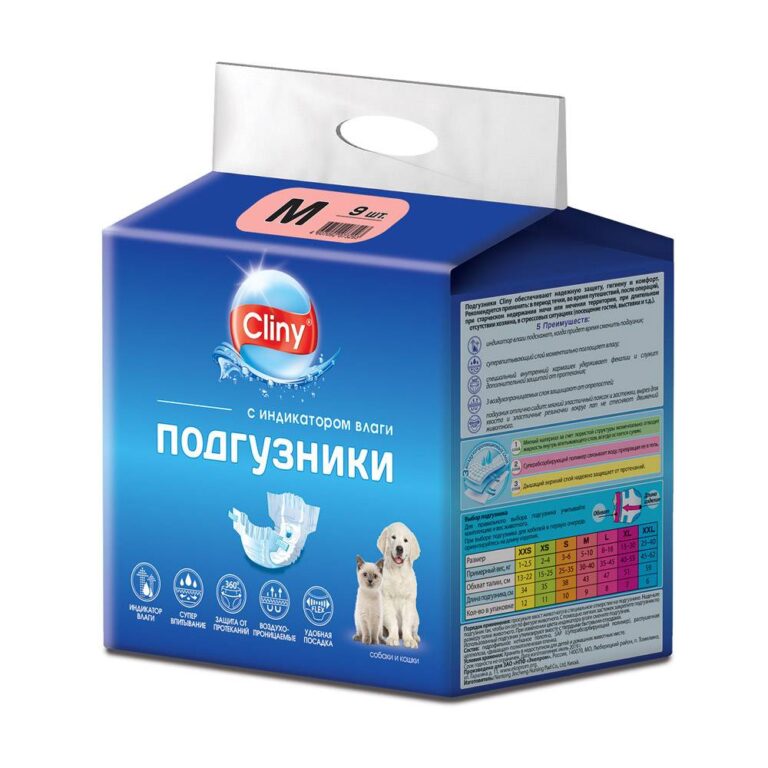 Подгузники для собак Cliny одноразовые, с индикатором влаги 5-10 кг размер M 9шт