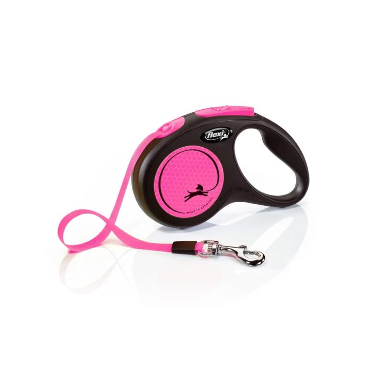 Рулетка для собак Flexi Neon New S (до 15кг) лента 5м, светоотражающая, розовый неон